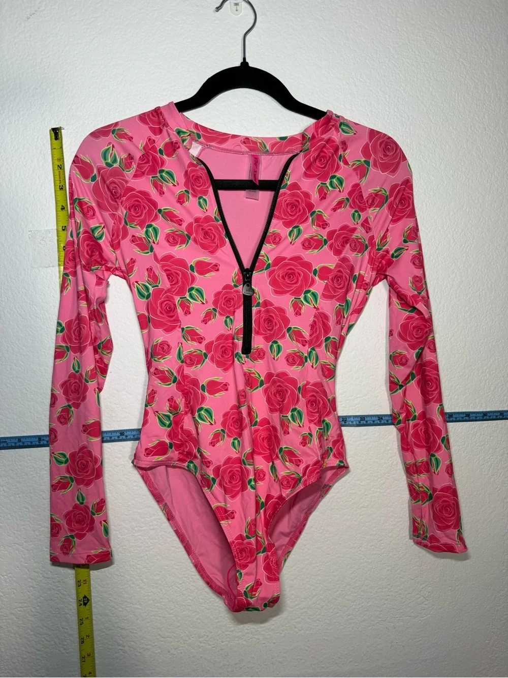 Betsy Johnson Pink Rose-Print Long Sleeve One-Piece Swimsuit